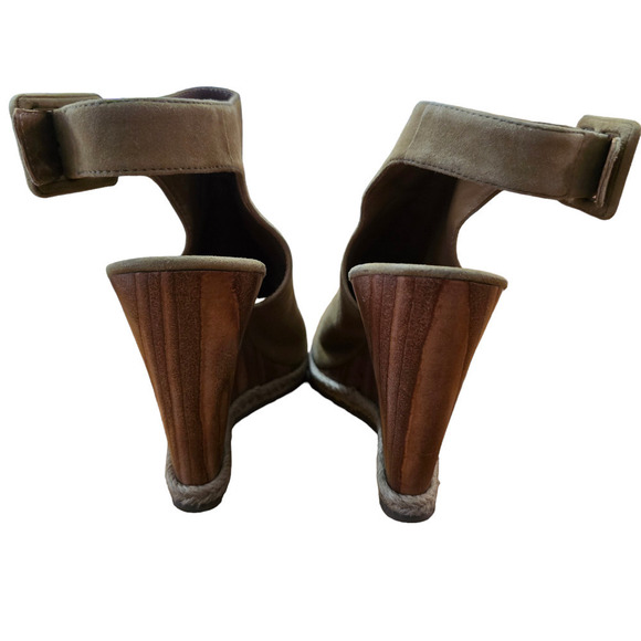 Tory Burch Tan Suede Leather Open Peep Toe Wood Wedge Slingback Heels 8.5 - Picture 5 of 7